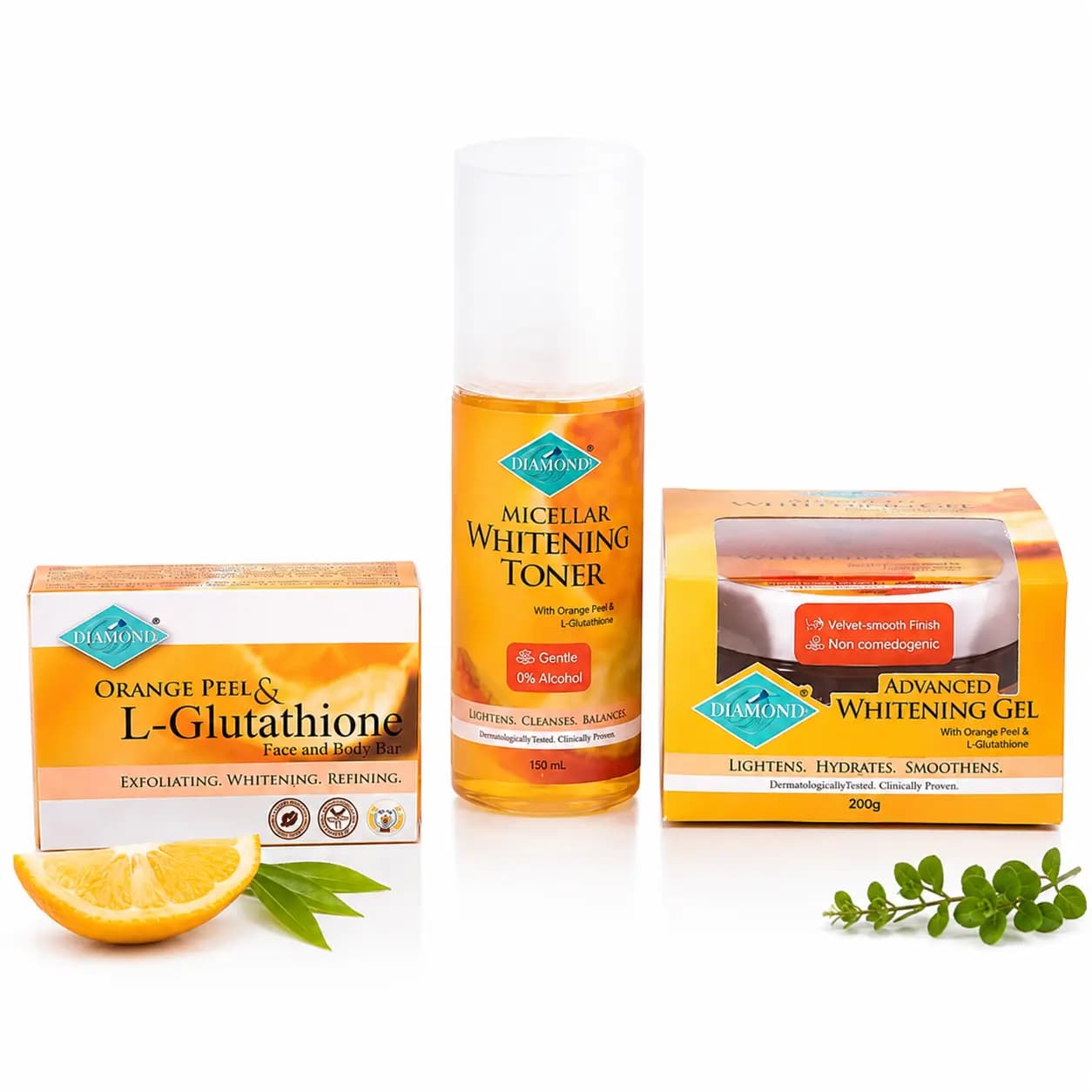 Diamond Whitening Set (Diamond Soap 150g 1pc, Advanced Whitening Gel 200g 1pc, Micellar Whitening Toner 150ml 1pc)
